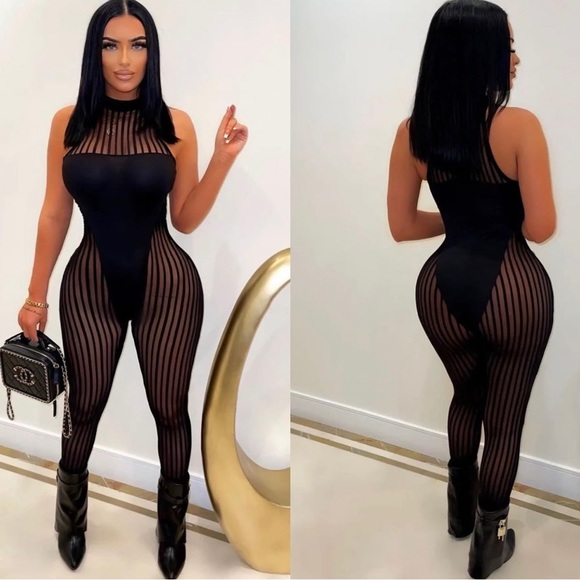 SOLD/Sexy Black Mesh Fashion Jumpsuit - Picture 2 of 15